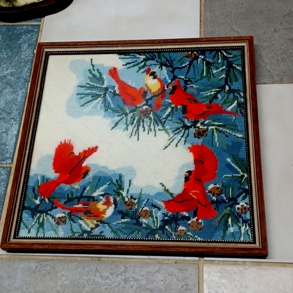 Vintage embrodery, fiber art approximately 13.5"x13.5" in wood frame under glass - Picture 2 of 3